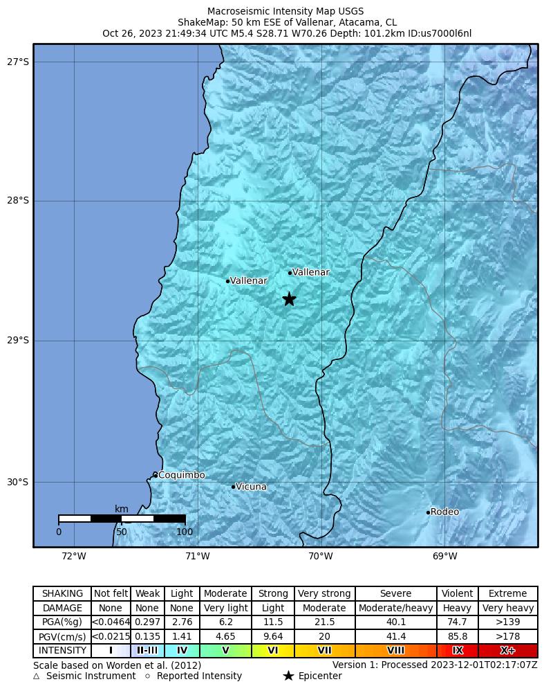 USGS ShakeMap intensity contours for the M5.4 earthquake near 50 km ESE of Vallenar, Chile