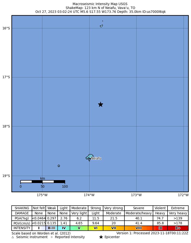 USGS ShakeMap intensity contours for the M5.6 earthquake near 123 km N of Neiafu, Tonga