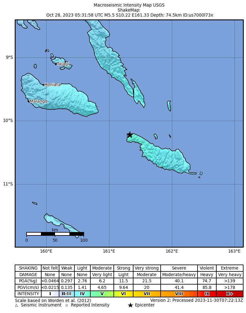 USGS ShakeMap intensity contours for the M5.5 earthquake near 69 km WNW of Kirakira, Solomon Islands