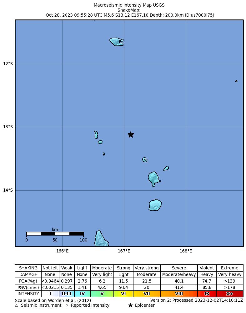 USGS ShakeMap intensity contours for the M5.6 earthquake near 96 km NNW of Sola, Vanuatu