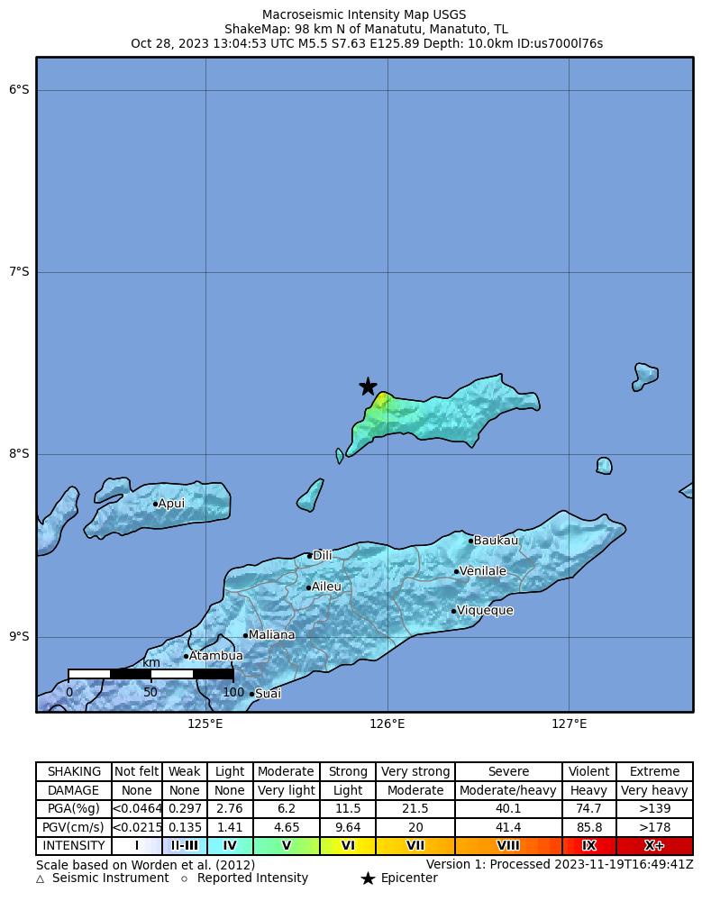 USGS ShakeMap intensity contours for the M5.5 earthquake near 98 km N of Manatutu, Timor Leste