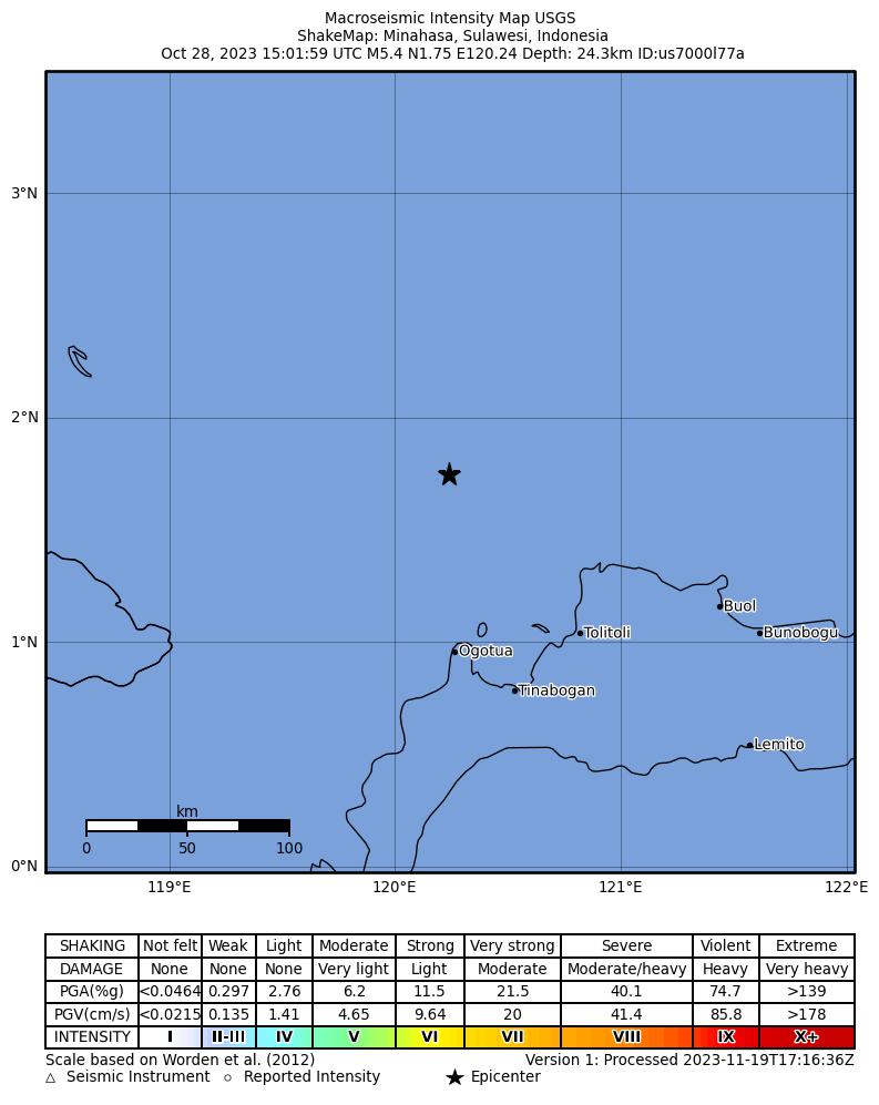 USGS ShakeMap intensity contours for the M5.4 earthquake near 296 km N of Palu, Indonesia