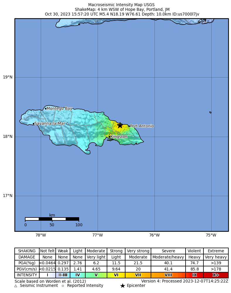 USGS ShakeMap intensity contours for the M5.4 earthquake near 4 km WSW of Hope Bay, Jamaica
