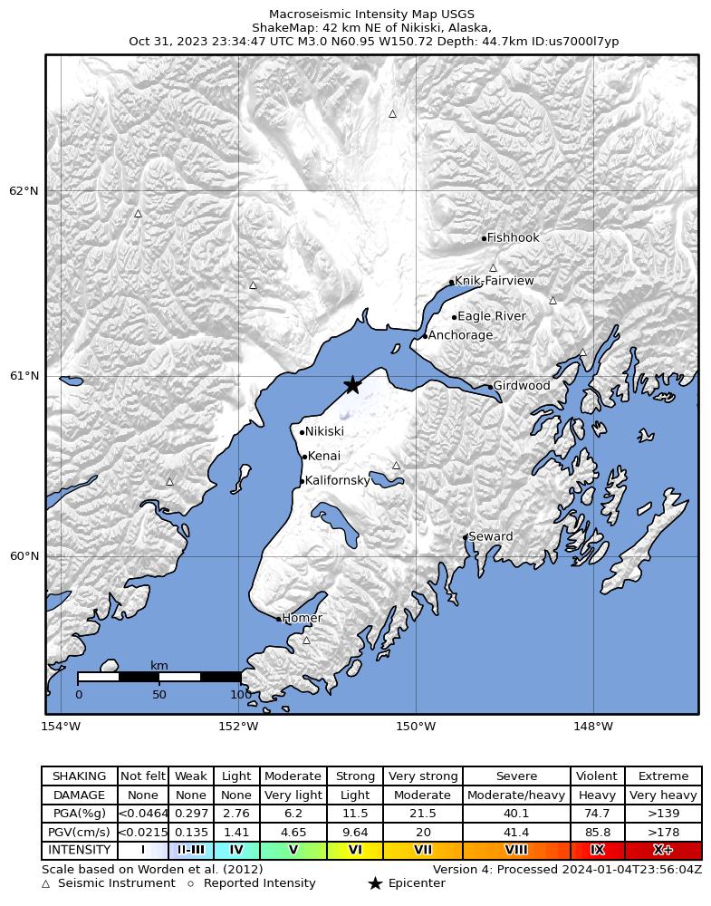 USGS ShakeMap intensity contours for the M2.9 earthquake near 3 km N of Point Possession, Alaska