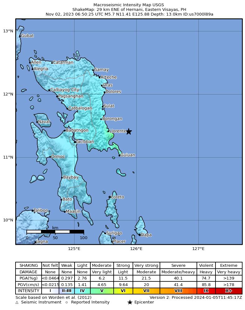 USGS ShakeMap intensity contours for the M5.7 earthquake near 29 km ENE of Hernani, Philippines