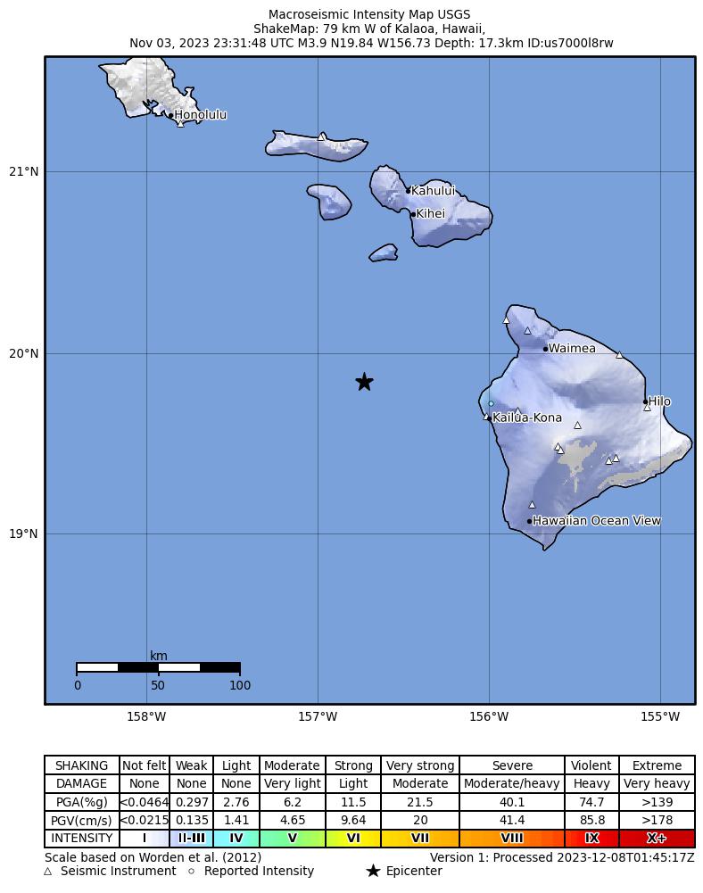 USGS ShakeMap intensity contours for the M3.9 earthquake near 76 km WNW of Kalaoa, Hawaii