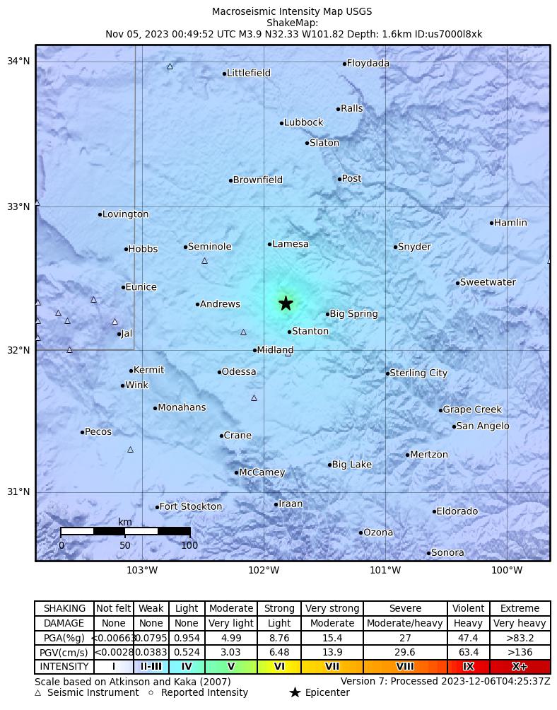 USGS ShakeMap: estimated shaking intensity around the epicenter