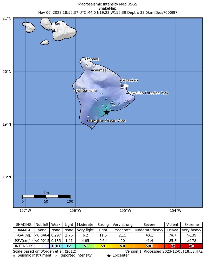 USGS ShakeMap intensity contours for the M3.7 earthquake near Island of Hawaii, Hawaii