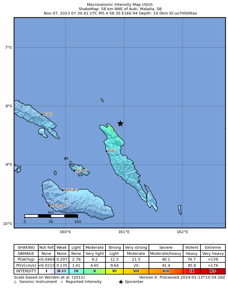 USGS ShakeMap intensity contours for the M5.4 earthquake near 58 km NNE of Auki, Solomon Islands