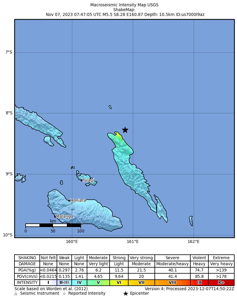 USGS ShakeMap intensity contours for the M5.5 earthquake near 57 km NNE of Auki, Solomon Islands