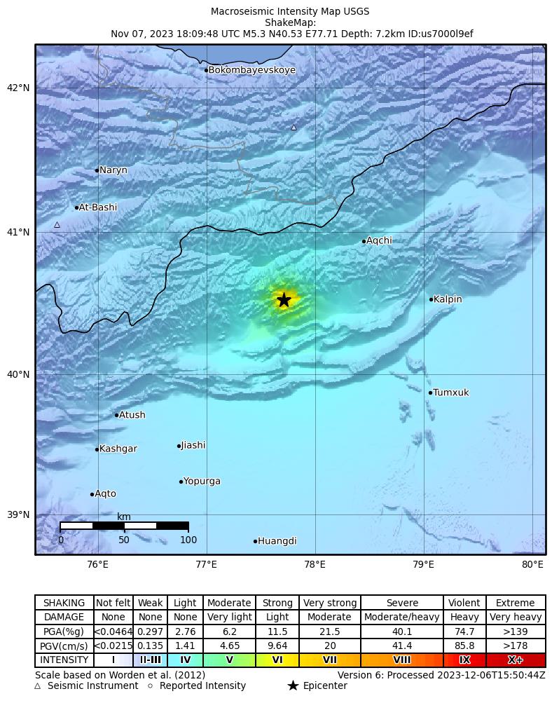 USGS ShakeMap intensity contours for the M5.3 earthquake near Xinjiang Uygur, China