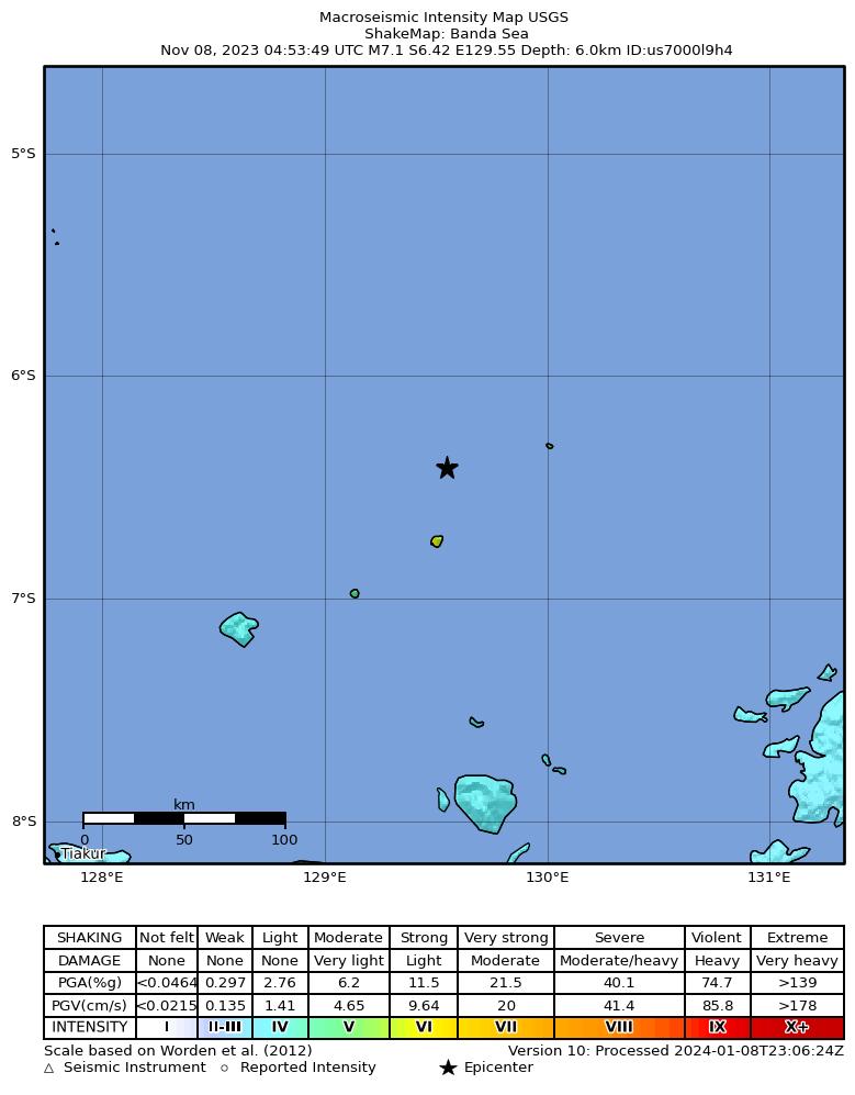 USGS ShakeMap intensity contours for the M7.1 earthquake near Banda Sea