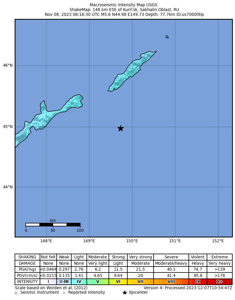 USGS ShakeMap intensity contours for the M5.6 earthquake near 148 km ESE of Kuril’sk, Russia