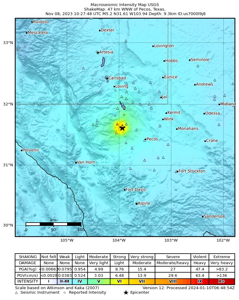 USGS ShakeMap intensity contours for the M5.2 earthquake near Coalson Draw, Texas