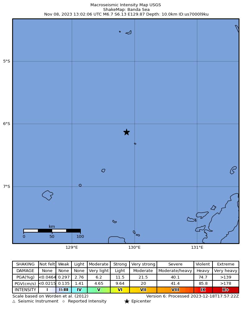 USGS ShakeMap intensity contours for the M6.7 earthquake near Banda Sea