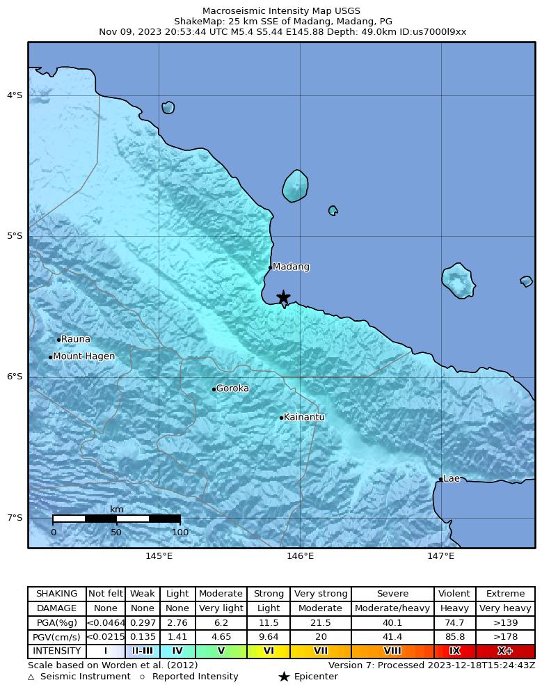 USGS ShakeMap intensity contours for the M5.4 earthquake near 30 km SSE of Madang, Papua New Guinea