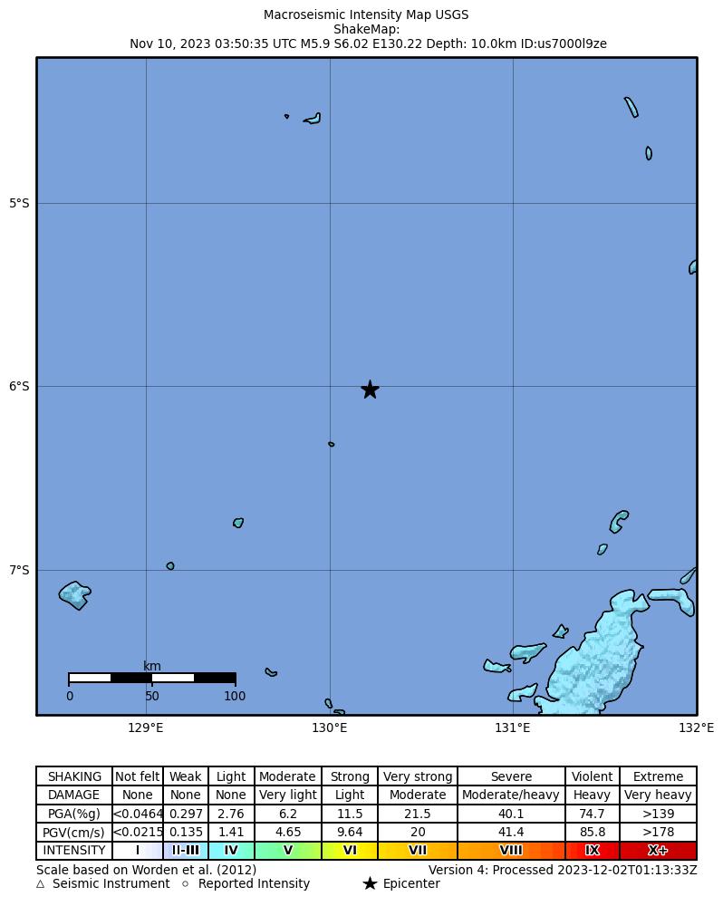 USGS ShakeMap intensity contours for the M5.9 earthquake near 283 km W of Tual, Indonesia