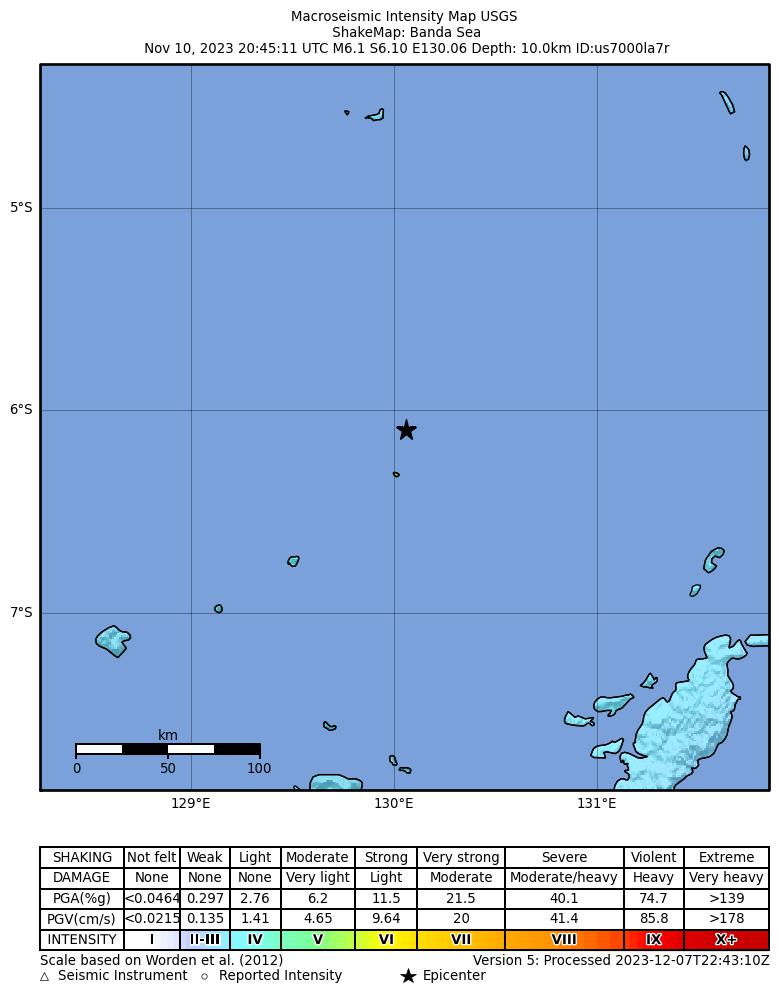 USGS ShakeMap intensity contours for the M6.1 earthquake near Banda Sea
