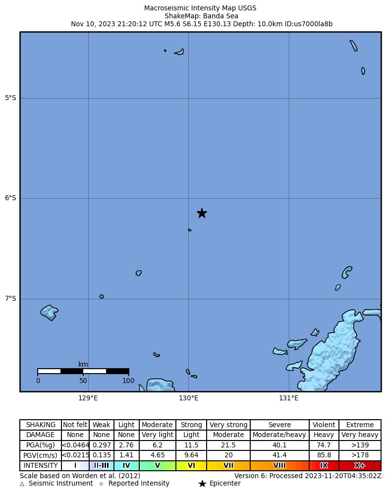 USGS ShakeMap intensity contours for the M5.6 earthquake near 295 km W of Tual, Indonesia