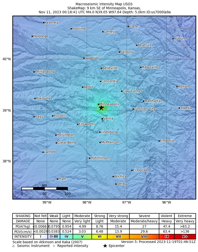 USGS ShakeMap: estimated shaking intensity around the epicenter