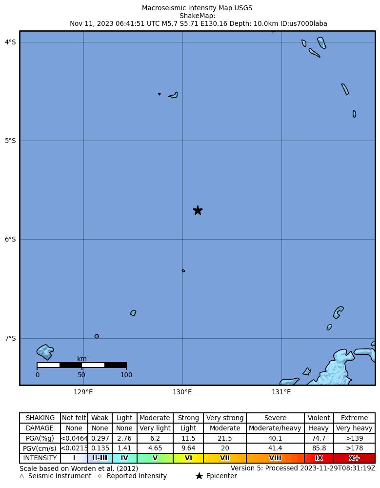 USGS ShakeMap intensity contours for the M5.7 earthquake near 287 km W of Tual, Indonesia