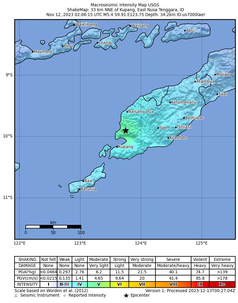 USGS ShakeMap intensity contours for the M5.2 earthquake near 29 km NNE of Kupang, Indonesia