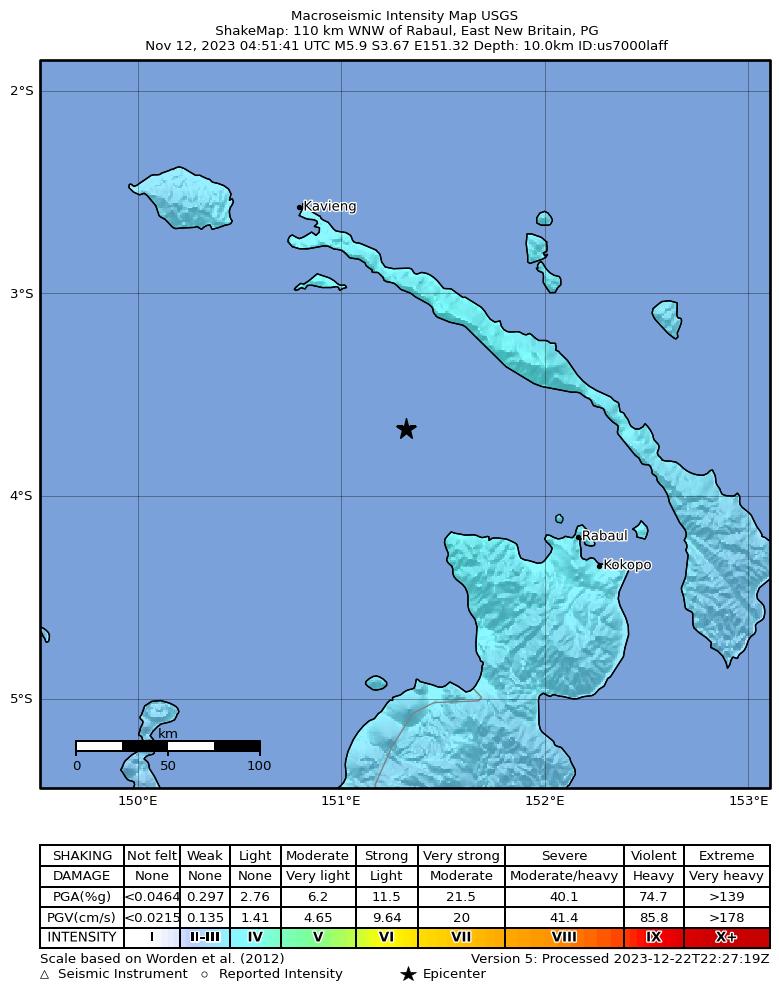 USGS ShakeMap intensity contours for the M5.9 earthquake near 110 km WNW of Rabaul, Papua New Guinea
