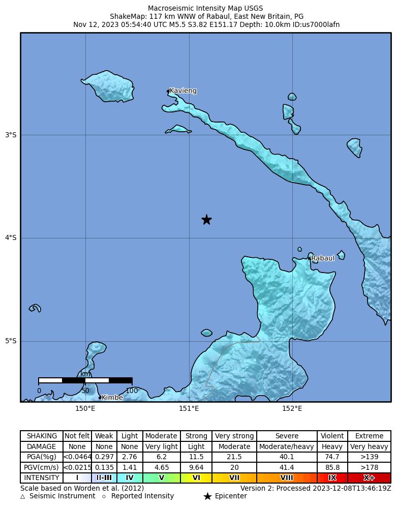 USGS ShakeMap intensity contours for the M5.5 earthquake near 117 km WNW of Rabaul, Papua New Guinea