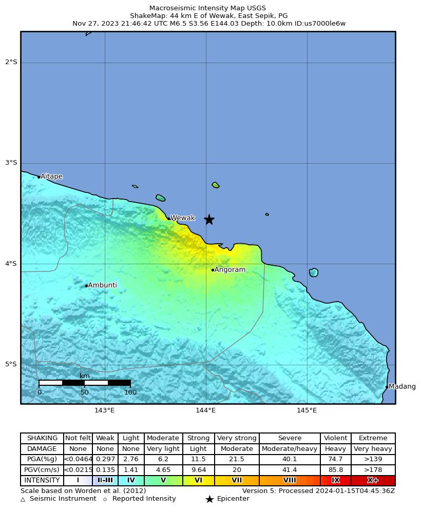 USGS ShakeMap intensity contours for the M6.5 earthquake near 44 km E of Wewak, Papua New Guinea