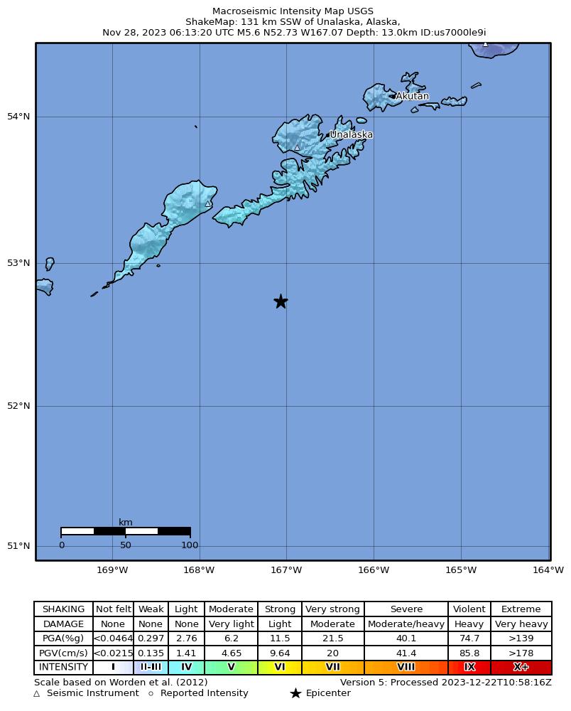 USGS ShakeMap intensity contours for the M5.6 earthquake near 122 km ESE of Nikolski, Alaska