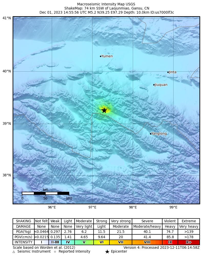USGS ShakeMap intensity contours for the M5.2 earthquake near 74 km SSW of Laojunmiao, China