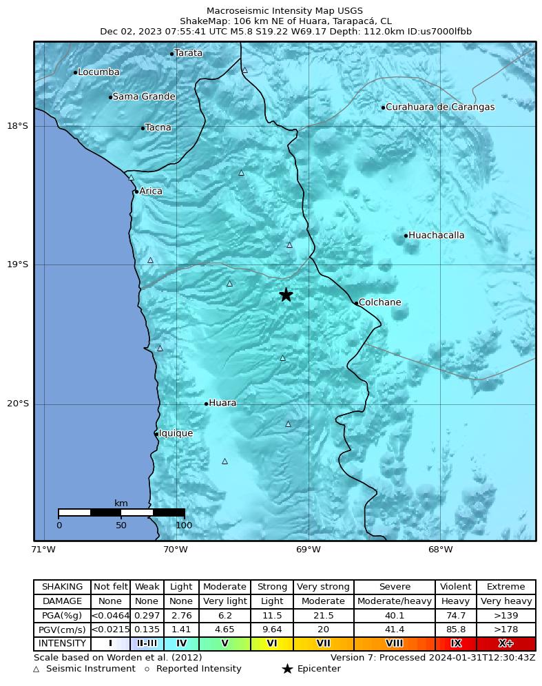 USGS ShakeMap intensity contours for the M5.8 earthquake near 28 km ENE of Camiña, Chile