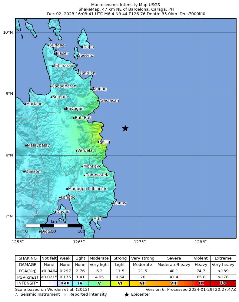 USGS ShakeMap intensity contours for the M6.4 earthquake near 47 km NE of Barcelona, Philippines