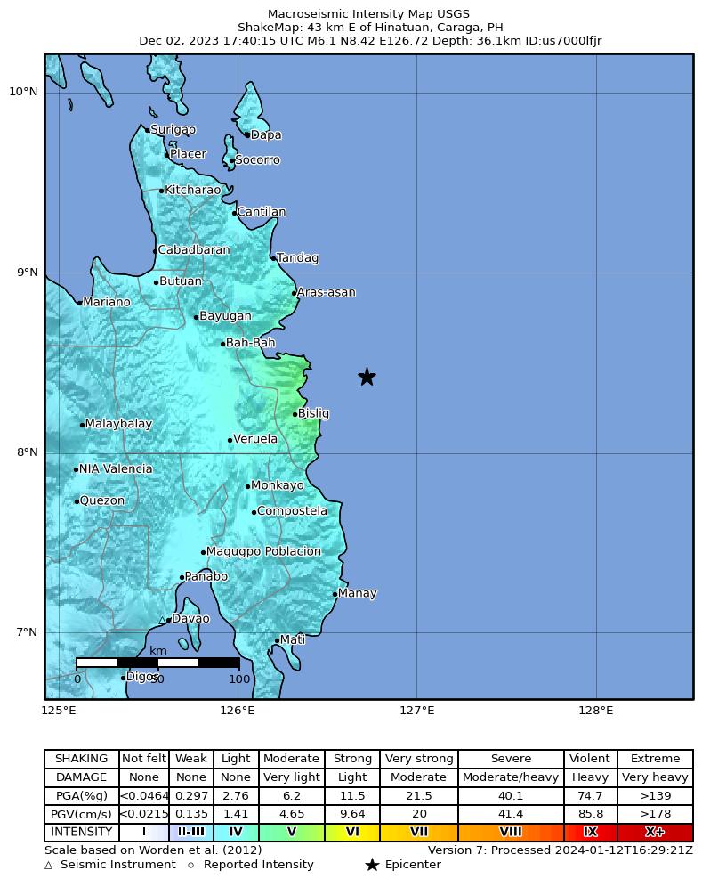 USGS ShakeMap intensity contours for the M6.1 earthquake near 41 km NE of Barcelona, Philippines