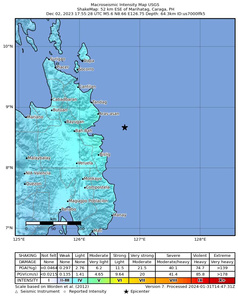 USGS ShakeMap: estimated shaking intensity around the epicenter