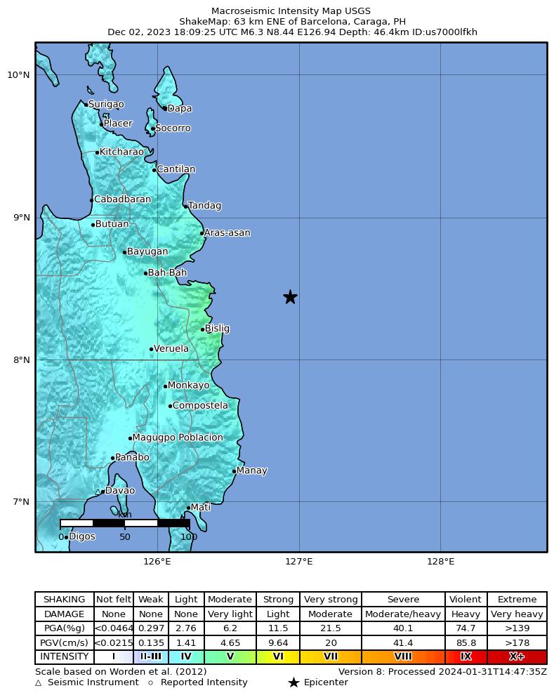 USGS ShakeMap intensity contours for the M6.3 earthquake near 63 km ENE of Barcelona, Philippines