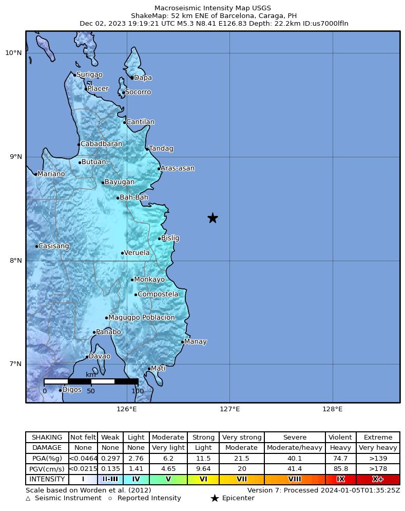 USGS ShakeMap: estimated shaking intensity around the epicenter