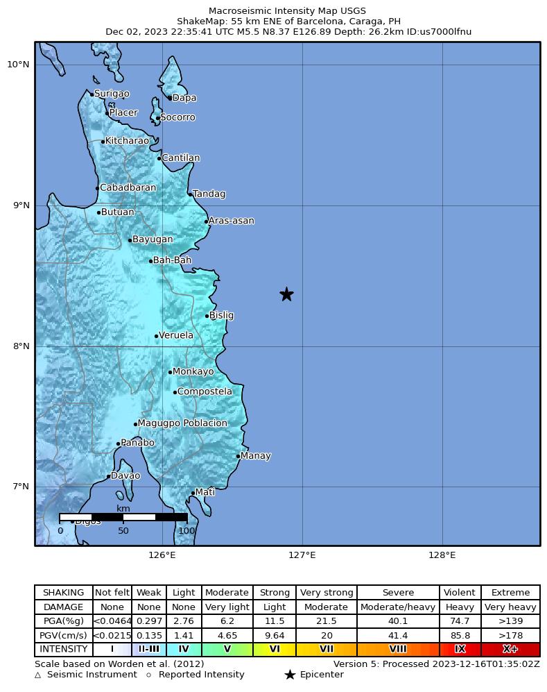 USGS ShakeMap intensity contours for the M5.5 earthquake near 55 km ENE of Barcelona, Philippines