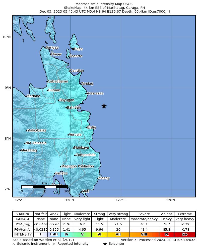 USGS ShakeMap: estimated shaking intensity around the epicenter