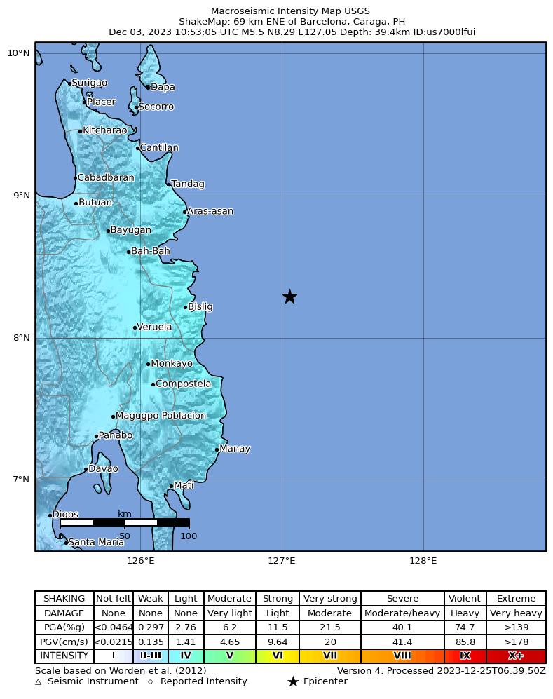 USGS ShakeMap intensity contours for the M5.5 earthquake near 69 km ENE of Barcelona, Philippines