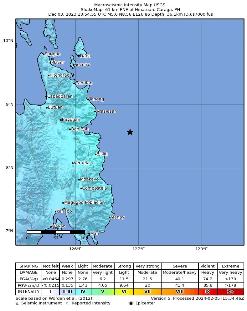 USGS ShakeMap intensity contours for the M5.6 earthquake near 61 km ENE of Hinatuan, Philippines