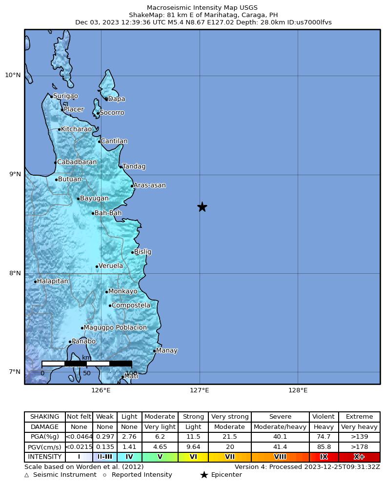 USGS ShakeMap intensity contours for the M5.4 earthquake near 81 km E of Marihatag, Philippines