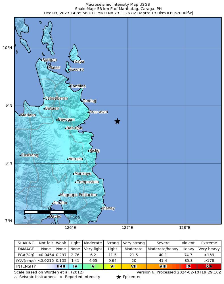 USGS ShakeMap intensity contours for the M6.0 earthquake near 58 km E of Marihatag, Philippines