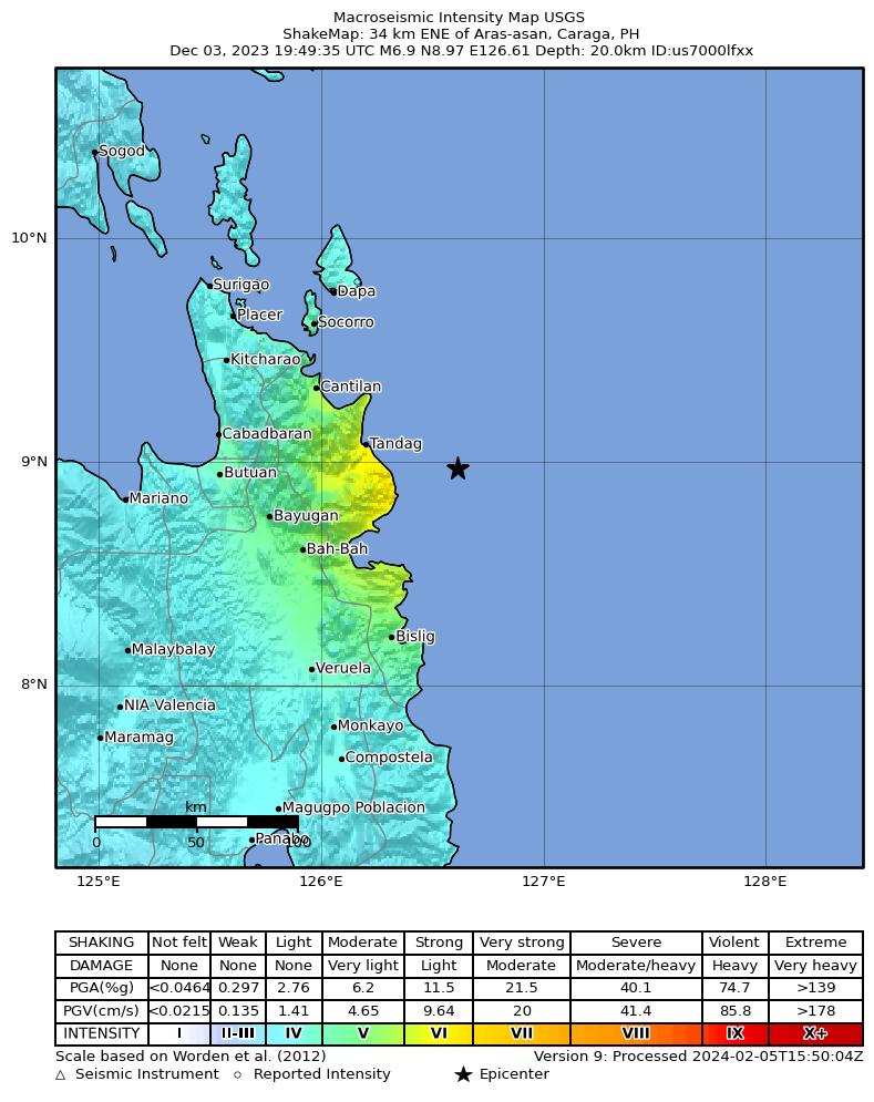USGS ShakeMap intensity contours for the M6.9 earthquake near 34 km ENE of Aras-asan, Philippines