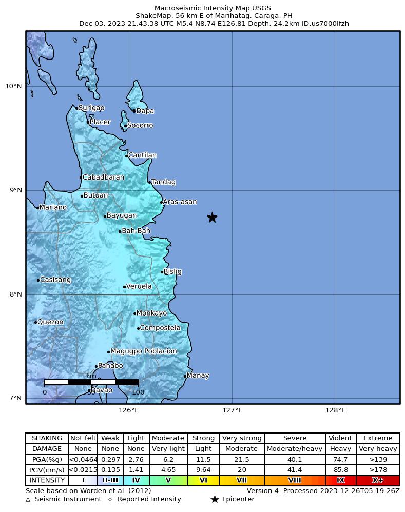 USGS ShakeMap intensity contours for the M5.4 earthquake near 56 km E of Marihatag, Philippines