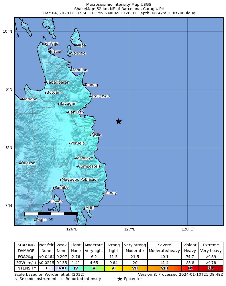 USGS ShakeMap intensity contours for the M5.5 earthquake near 52 km NE of Barcelona, Philippines
