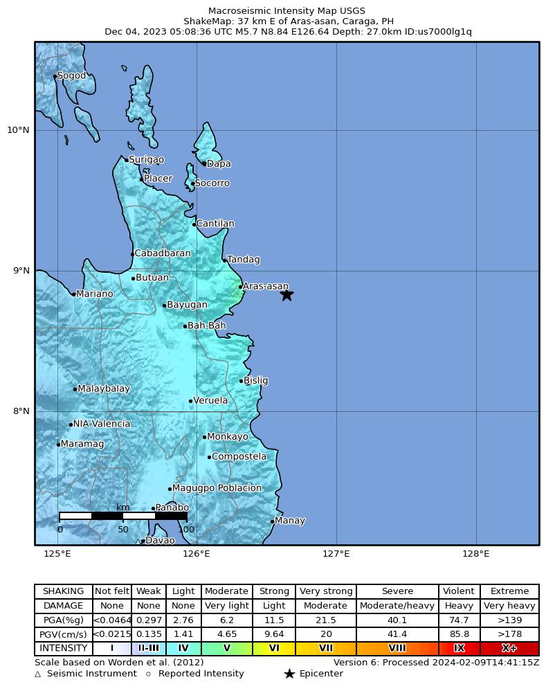USGS ShakeMap intensity contours for the M5.7 earthquake near 37 km E of Aras-asan, Philippines