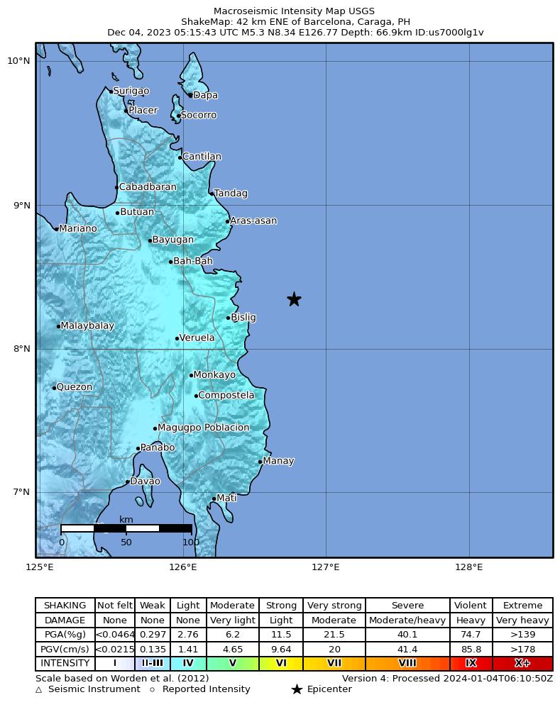 USGS ShakeMap intensity contours for the M5.3 earthquake near 42 km ENE of Barcelona, Philippines