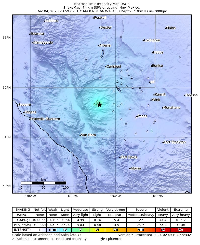 USGS ShakeMap intensity contours for the M4.0 earthquake near 56 km S of Whites City, New Mexico