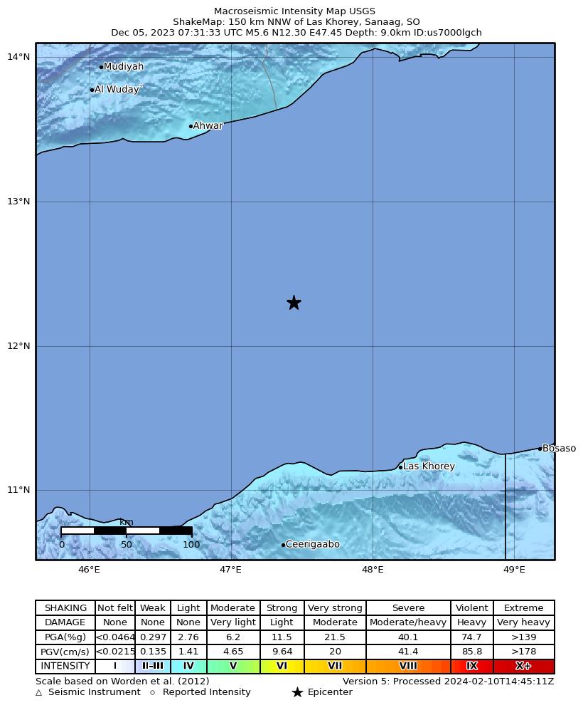 USGS ShakeMap intensity contours for the M5.6 earthquake near 150 km NNW of Las Khorey, Somalia